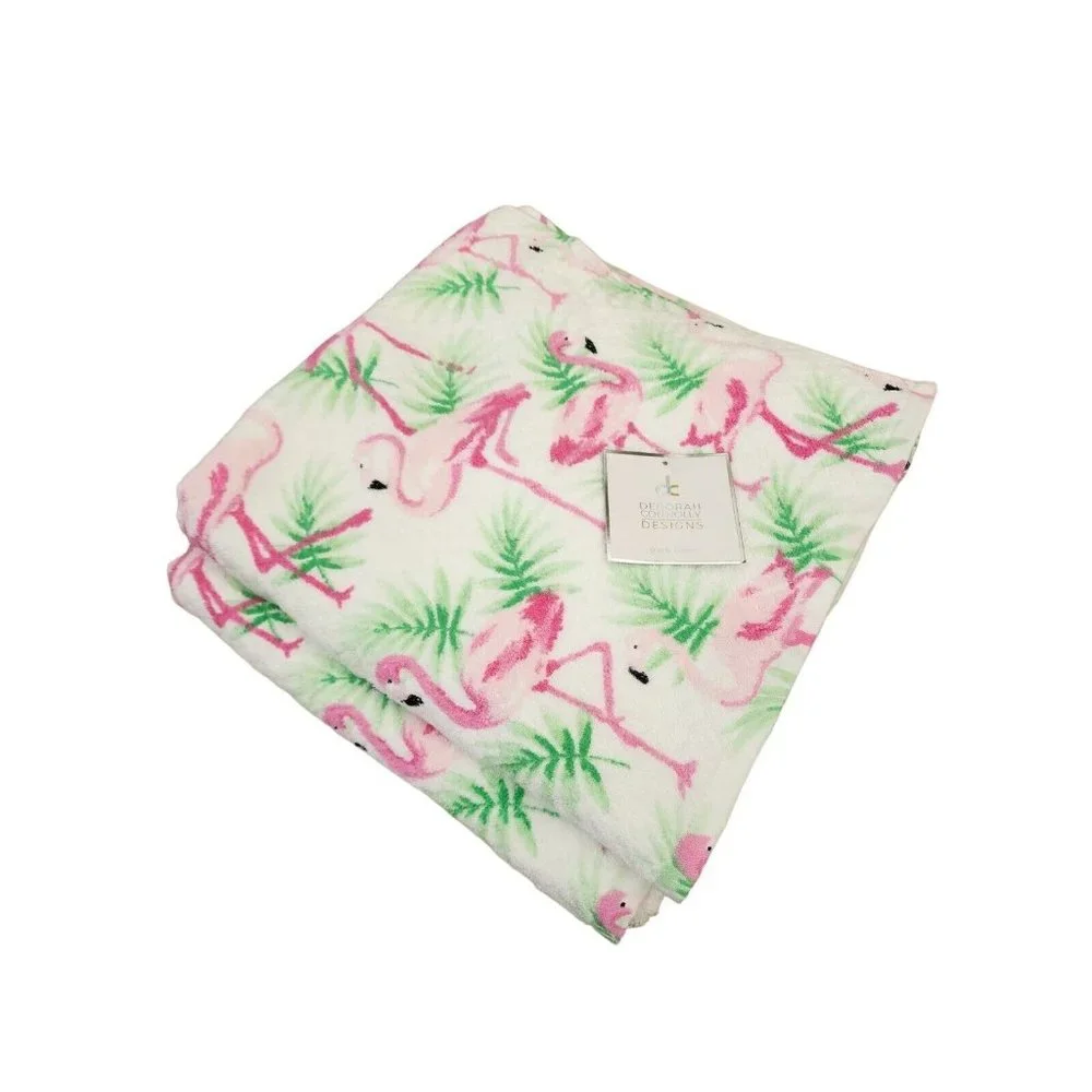 Deborah Connolly Set of 2 Flamingo Bath Towels White Pink Green 28